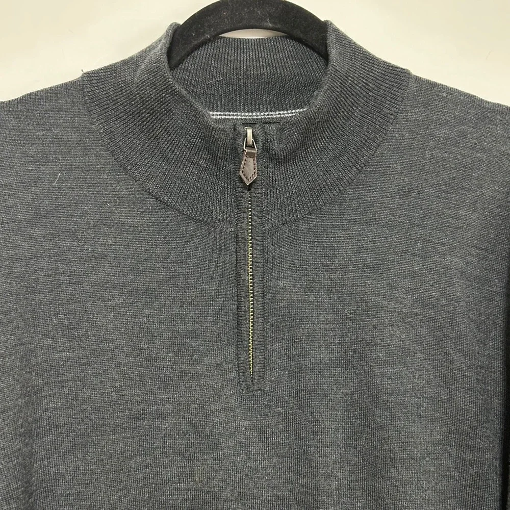 Bloomingdales 1/4 Zip Merino Wool Sweater XL Charcoal Gray Pullover Mock Neck - Picture 1 of 11